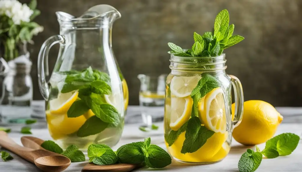 Lemon Water for liver detox. A glass jar filled with freshly sliced lemons and a pitcher of water beside it, surrounded by sprigs of mint and a wooden spoon.