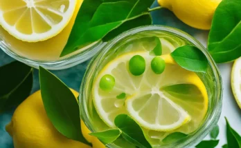A glass of lemon water filled with slices of fresh lemon and a few drops of vitamin C supplement dissolving in the water, surrounded by green leaves to represent lemon water for liver detox