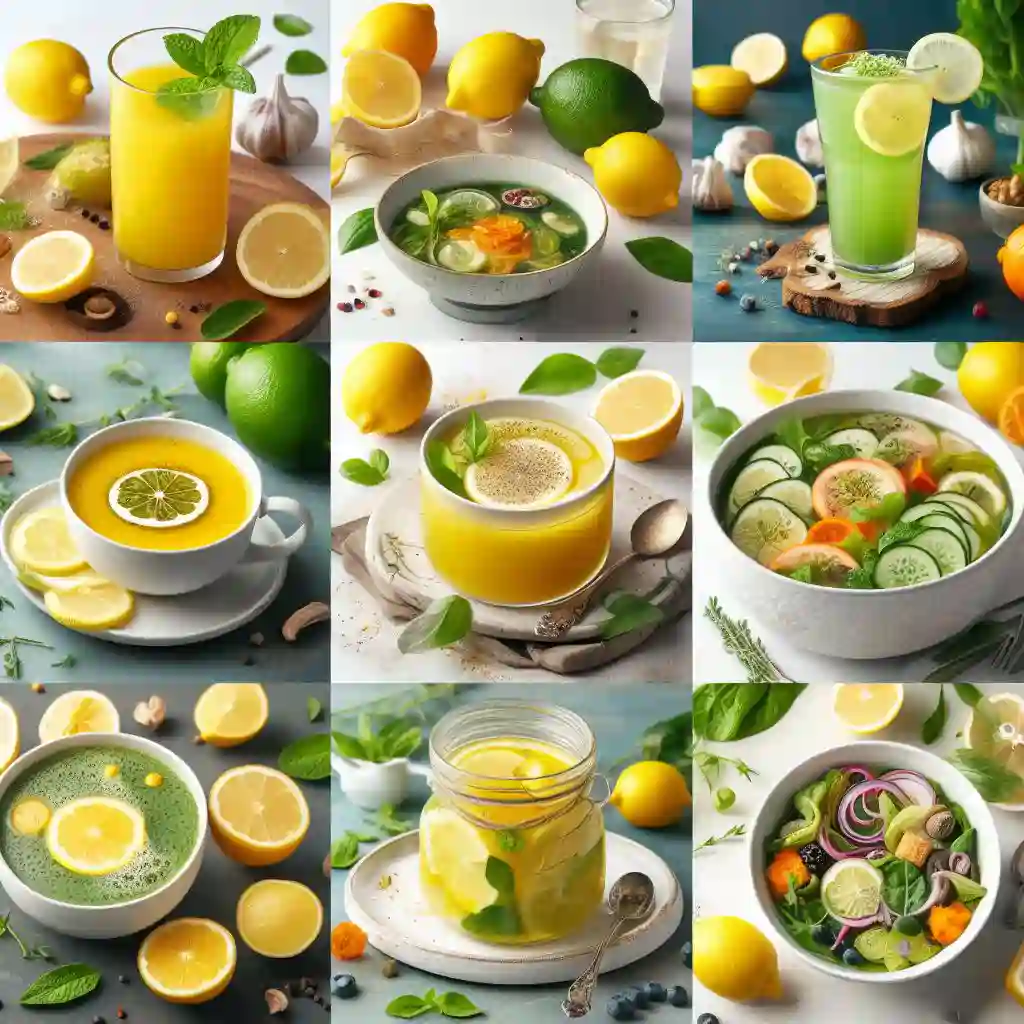 Ultimate Lemon Water Detox: Benefits, Myths & Potential Side Effects 4 Detoxifying Recipes with Lemon Water - A collage of visually appealing and refreshing recipes incorporating lemon water