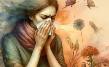 n aquarelle in sober colors and tones of a person suffering with seasonal allergy symptoms such as sneezing, congestion, itching, and watery eyes