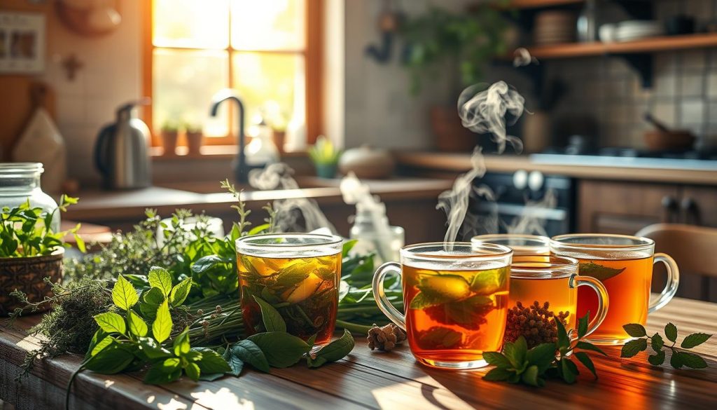 Herbal teas for lungs Herbal recipes for lung health - Herbal teas for lungs - A cozy kitchen scene featuring an array of herbal teas beneficial for lung health, with fresh herbs like thyme, peppermint, and eucalyptus displayed on a wooden table, steaming mugs filled with vibrant, aromatic tea, surrounded by natural sunlight streaming through a window, evoking a warm and inviting atmosphere.